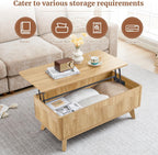 BERRYMERRY Lift Top Coffee Table with Hidden Storage, Farmhouse Fluted Coffee Table with Wave Profile, Rising Top Rectangular Center Table for Living Room (Natural Oak)