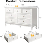 RoyalCraft 53" Wide 7 Drawer Dresser, White Dresser for Bedroom, Modern White Chest of Drawers with Solid Wood Legs and Painted Finish, Wooden Storage Closet Cabinet Organizer for Hallway, Living Room