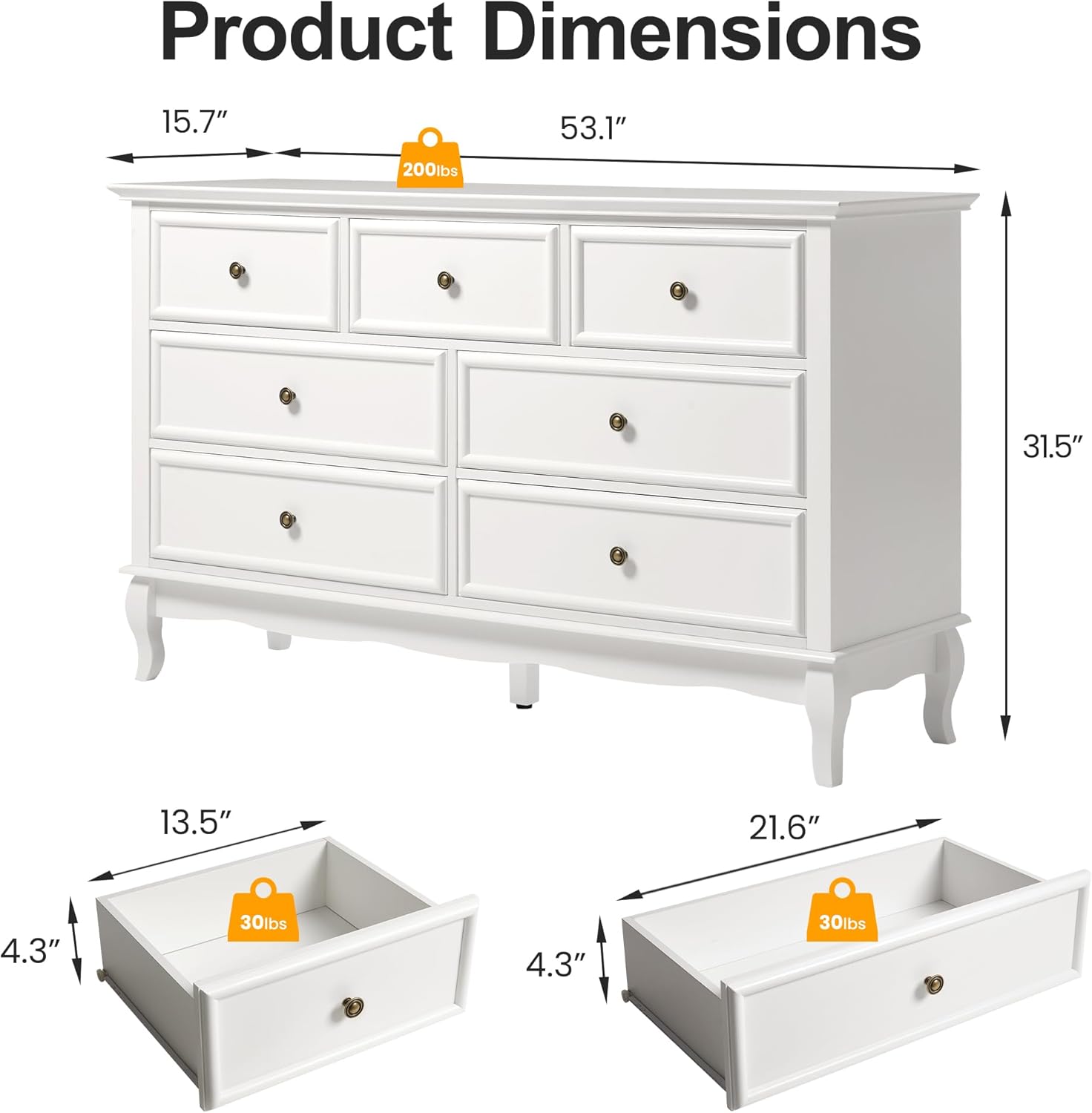 RoyalCraft 53" Wide 7 Drawer Dresser, White Dresser for Bedroom, Modern White Chest of Drawers with Solid Wood Legs and Painted Finish, Wooden Storage Closet Cabinet Organizer for Hallway, Living Room