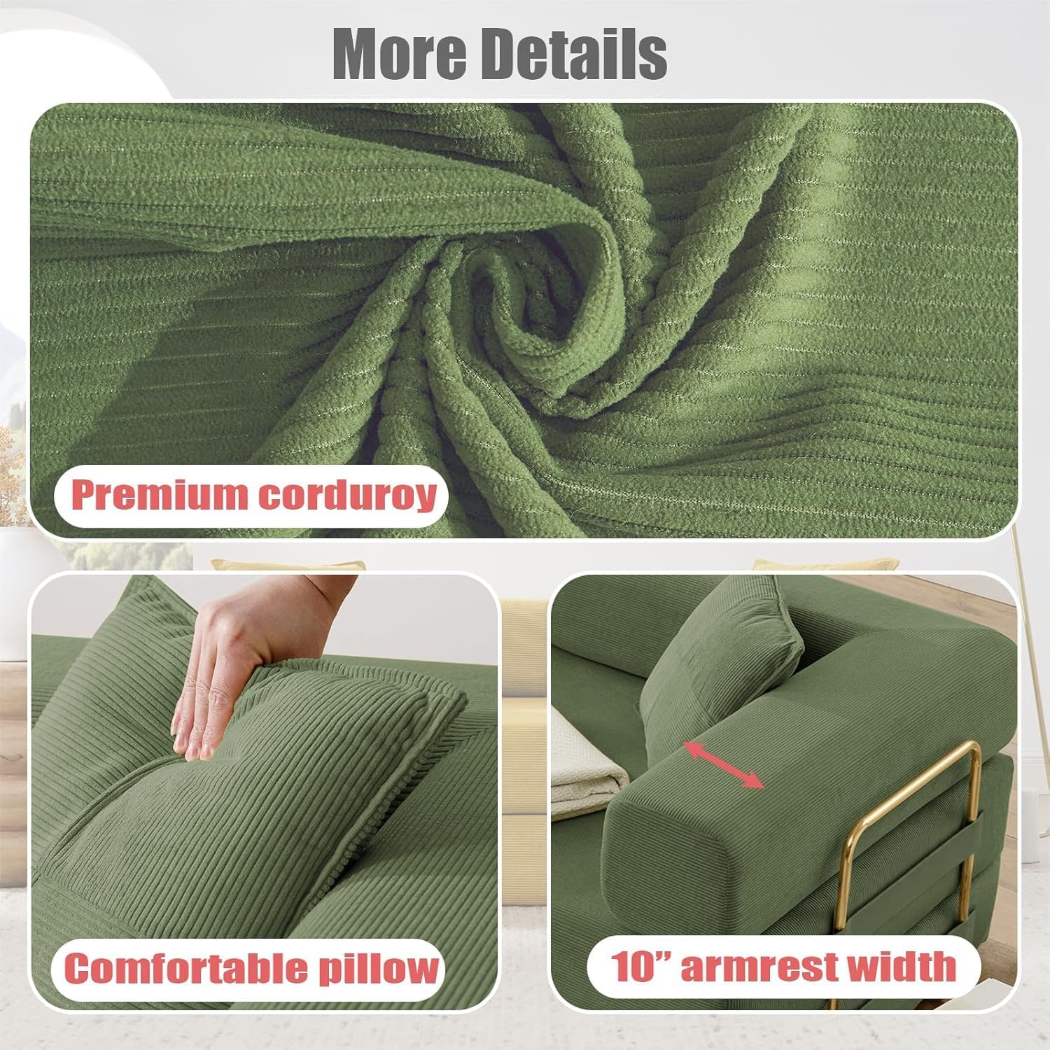 Convertible Folding Sofa Bed, Modern Futon Sleeper Sofa Fold Out Couch Bed with Gold Fixed Frame, Modular Floor Sofas Comfy Corduroy Boneless Couches for Living Room (78" Green)