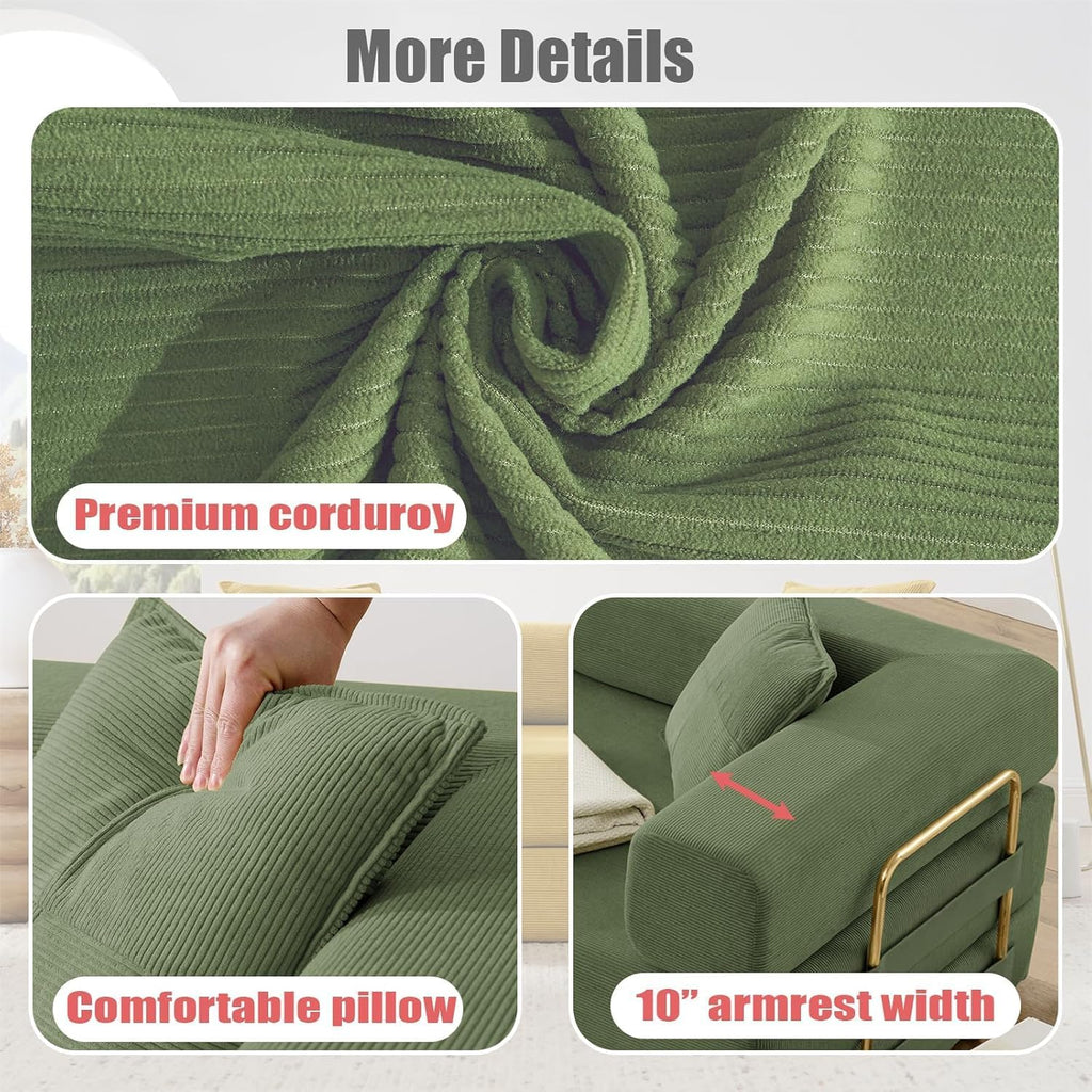 Convertible Folding Sofa Bed, Modern Futon Sleeper Sofa Fold Out Couch Bed with Gold Fixed Frame, Modular Floor Sofas Comfy Corduroy Boneless Couches for Living Room (78" Green)