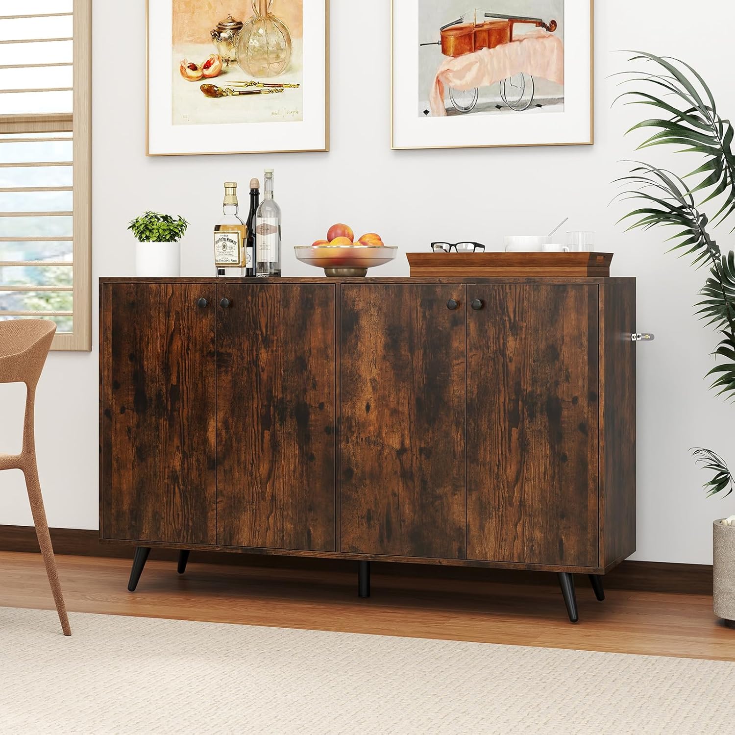 Giantex Sideboard Buffet Cabinet, 50’’ Accent Kitchen Storage Cabinet with 4-Door & 5-Position Adjustable Shelves, Modern Sideboard with 5 Legs, Buffet Table for Coffee Bar, Living Room, Rustic Brown