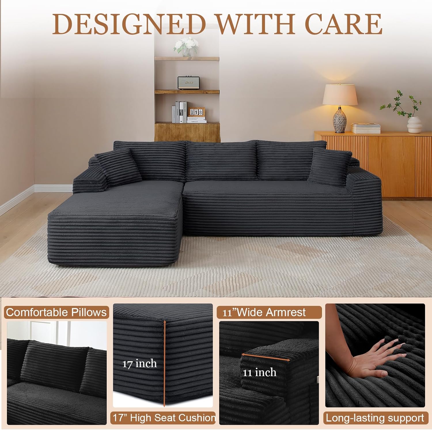108" Cloud Sectional Couch, Modern Boneless Couch with L-Shape Chaise, Deep Seat Modular Sectional Sofa Corduroy Corner Couches for Living Room,No Assembly Required (Black, Left Facing Chaise)