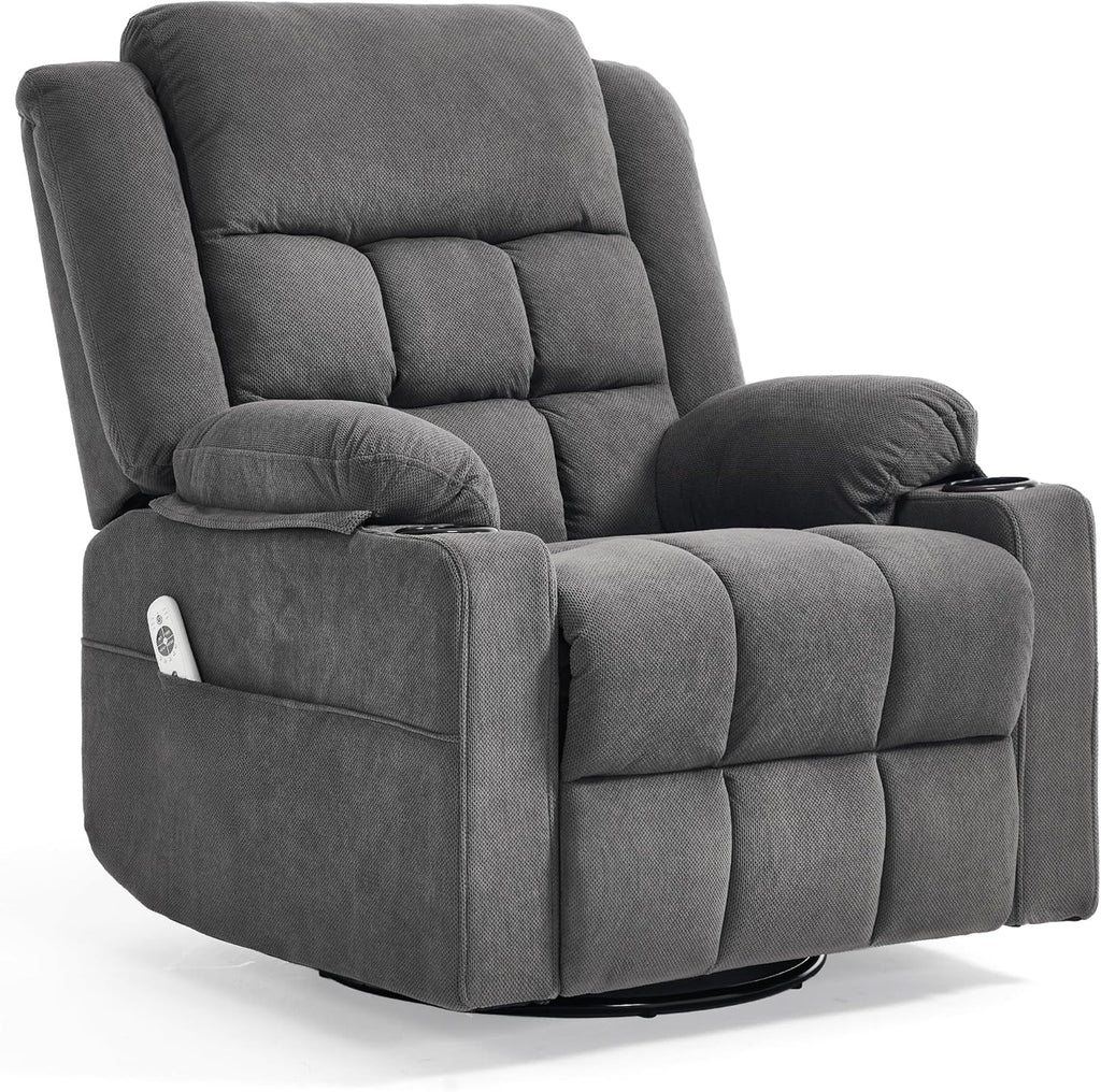 Swivel Recliner Chair for Adults with Massage and Heating,Manual Glider Rocking Recliner Chair with Cup Holds and Pockets,Reclining Rocker Chairs for Living Room Bedroom R8811 (Darkgrey)