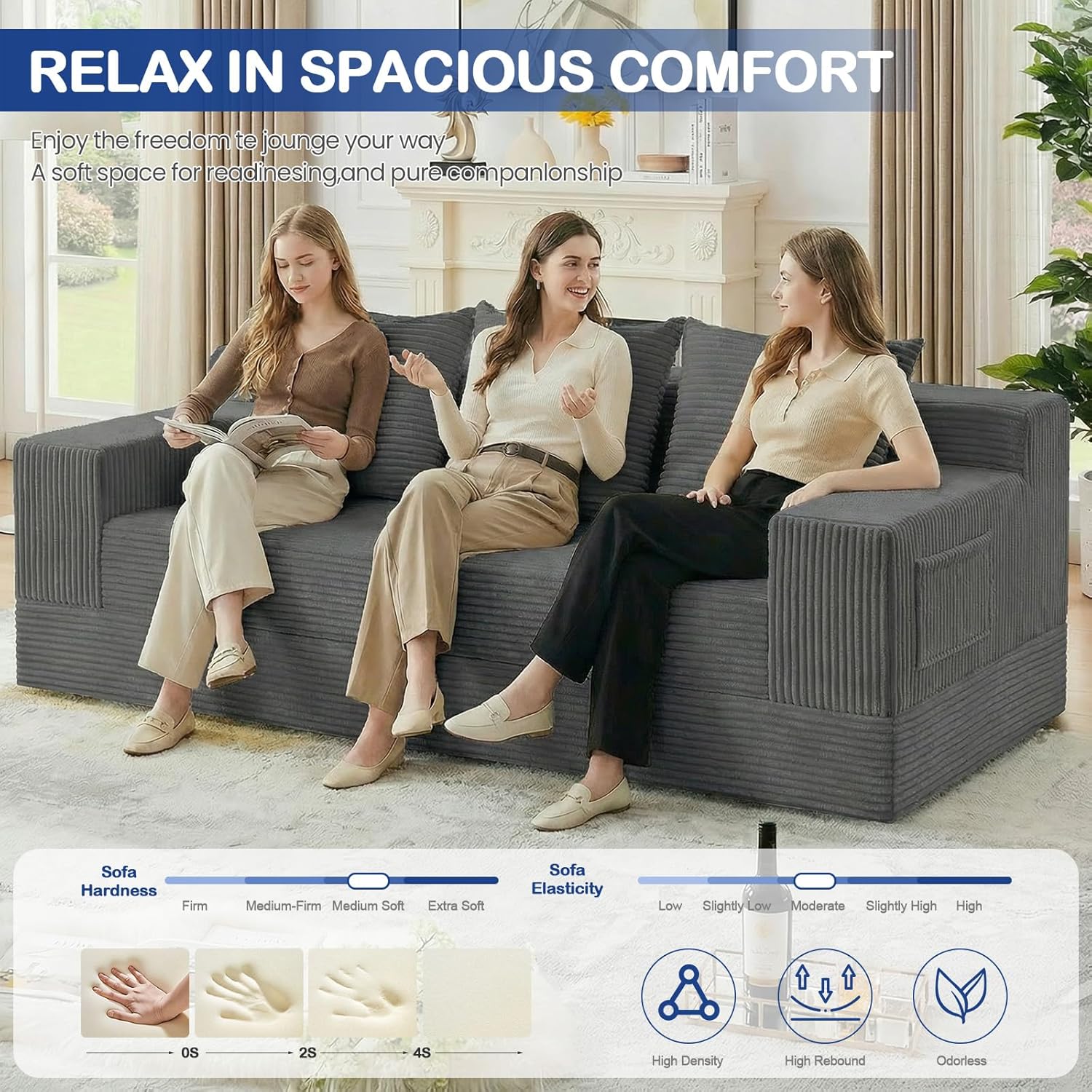 2 in 1 Convertible Boneless Couch Bed, Corduroy futon Sofa Bed, Compression Folding Floor Couch Sofas Bed with 3 Pillows for Bedroom, Small Space Guest and Living Room Sofa (Grey, 78 Inches)