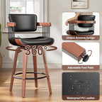 Swivel Counter Height Bar Stools Set of 2, 26 Inch Mid Century Modern Bentwood Barstools with Padded Back and Wood Legs, PU Leather Kitchen Island Chairs with Arms, Black