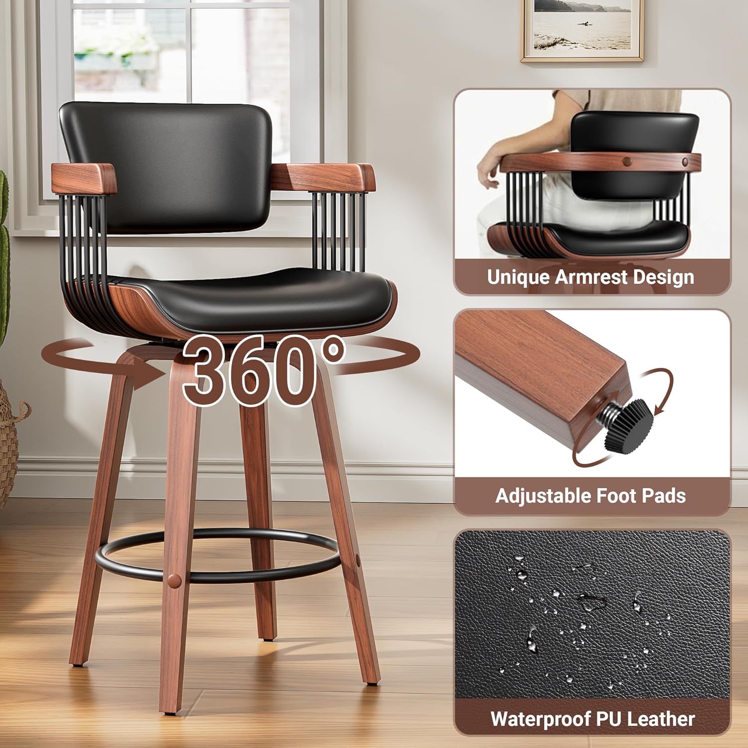 Swivel Counter Height Bar Stools Set of 2, 26 Inch Mid Century Modern Bentwood Barstools with Padded Back and Wood Legs, PU Leather Kitchen Island Chairs with Arms, Black