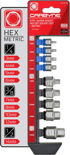 CARBYNE 9-Piece Stubby Low Profile Hex Bit Socket Set Metric, S2 Steel, 3mm to 14mm Super Short Allen Sockets with Dual Drive Internal Square and External Hex for Tight Confined Spaces
