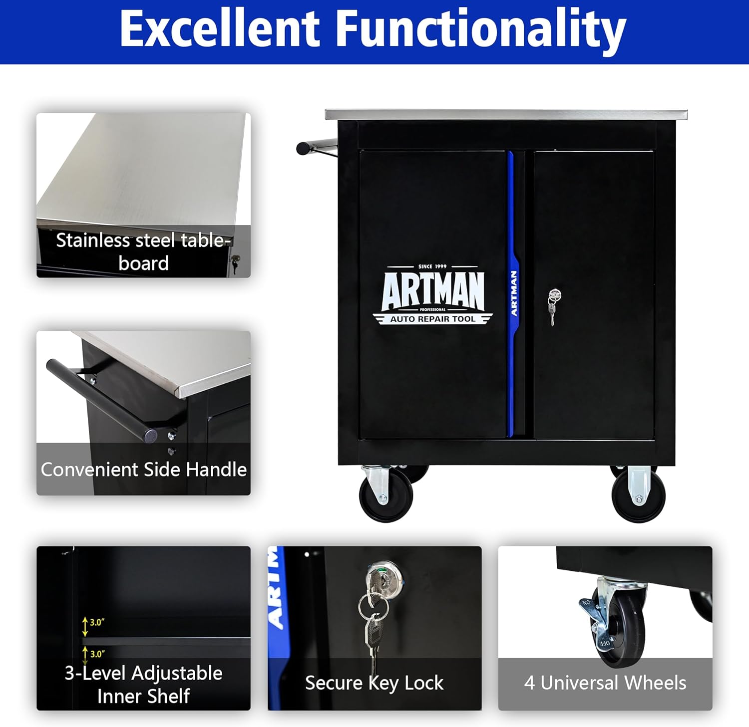 2-Door 2-Shelf Rolling Tool Chest with Stainless Steel Countertop,Tool Chest with Secure Locking System,Mobile Storage Tool Cabinet with 360°Wheels and Padded Feet,for Home,Garage(Black+Blue)