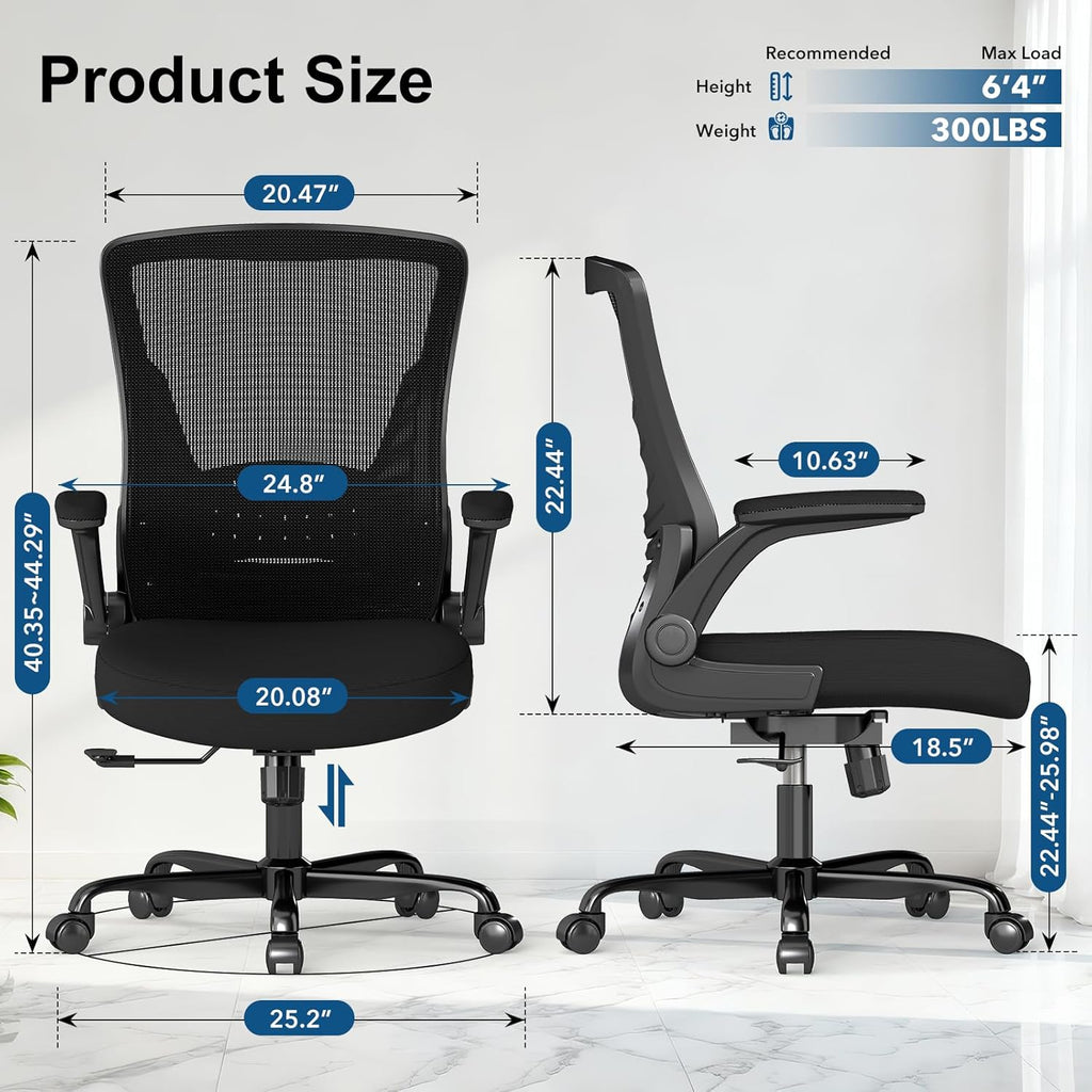 Ergonomic Office Chair, Mesh Desk Chair with Adjustable Height & Flip-Up Armrests, Comfortable Computer Chair for Long Hours, Silent Wheels for Home Office, 6-PCS