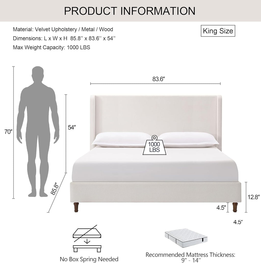 Harper 54" Extra-Tall Headboard Bed Frame - Modern Wingback Upholstered Platform Bed, 1000lbs Heavy Duty Support, Textured Chenille, No Box Spring Needed (Cream White King U.S. Standard)