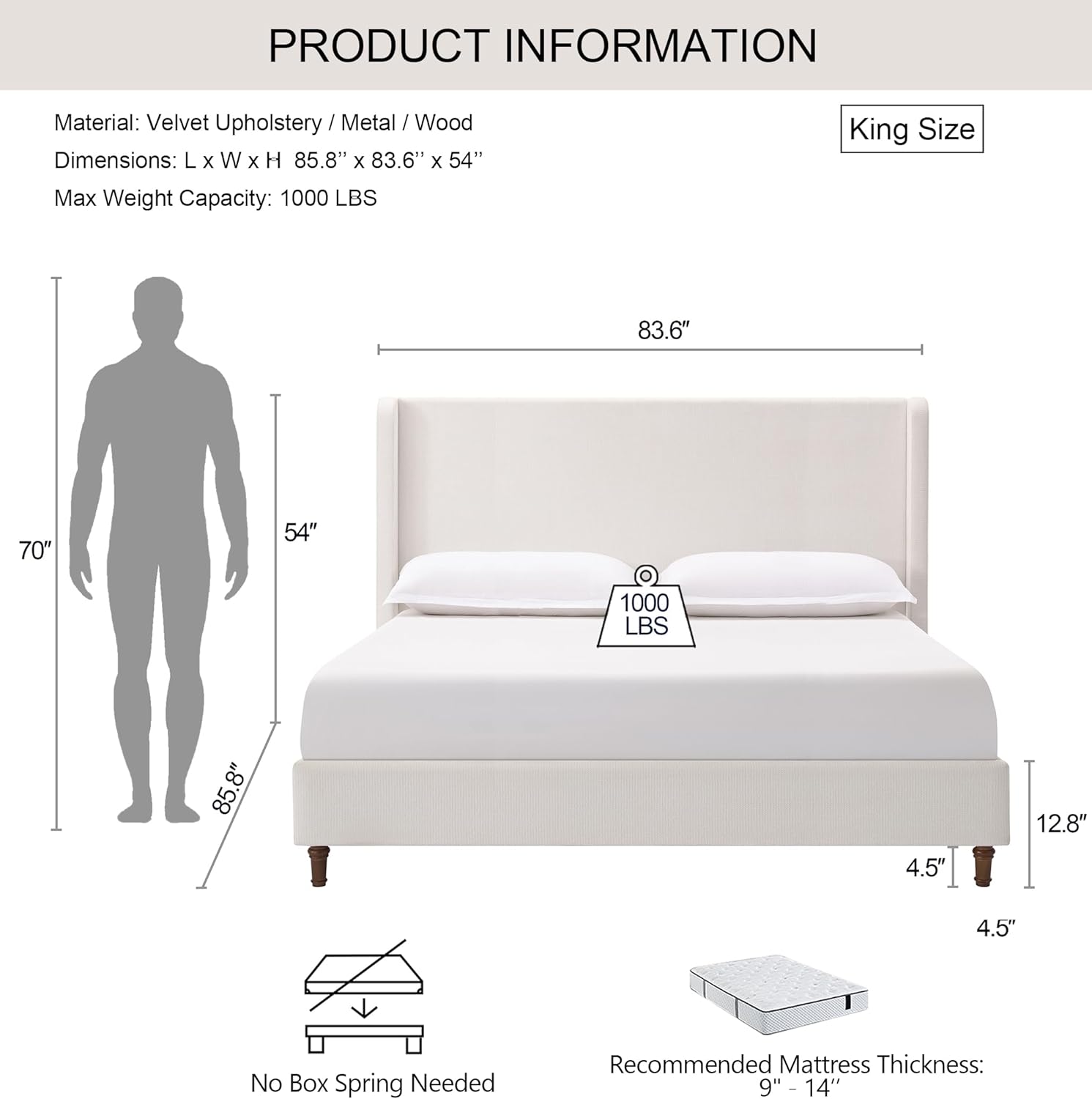 Harper 54" Extra-Tall Headboard Bed Frame - Modern Wingback Upholstered Platform Bed, 1000lbs Heavy Duty Support, Textured Chenille, No Box Spring Needed (Cream White King U.S. Standard)