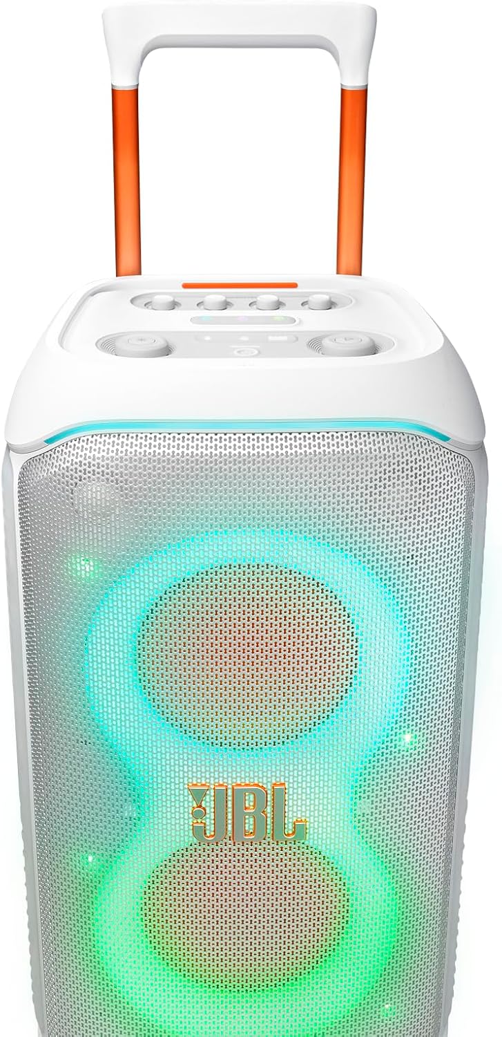 JBL PartyBox Stage 320 - Portable Party Speaker with Telescopic Handle & Wide  Sturdy Wheels  Powerful JBL Pro Sound  Futuristic lightshow  Up to 18 Hours of Play time  Splash Proof (White)