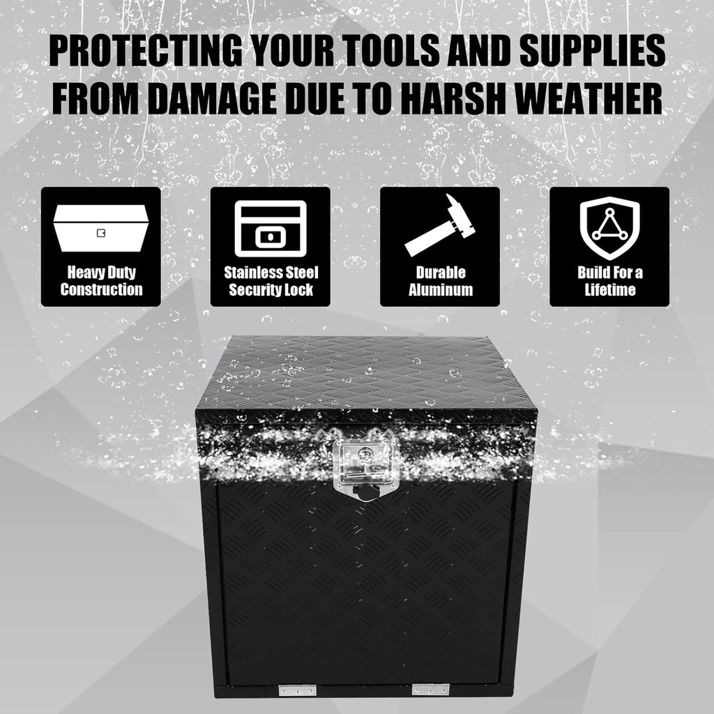confote 24"x 24"x 24" Heavy Duty Aluminum Stripes Plated Tool Box Underbody Truck Box Pick Up Truck Bed RV Trailer Toolbox Waterproof Square Storage Organizer with Lock and Keys-Black