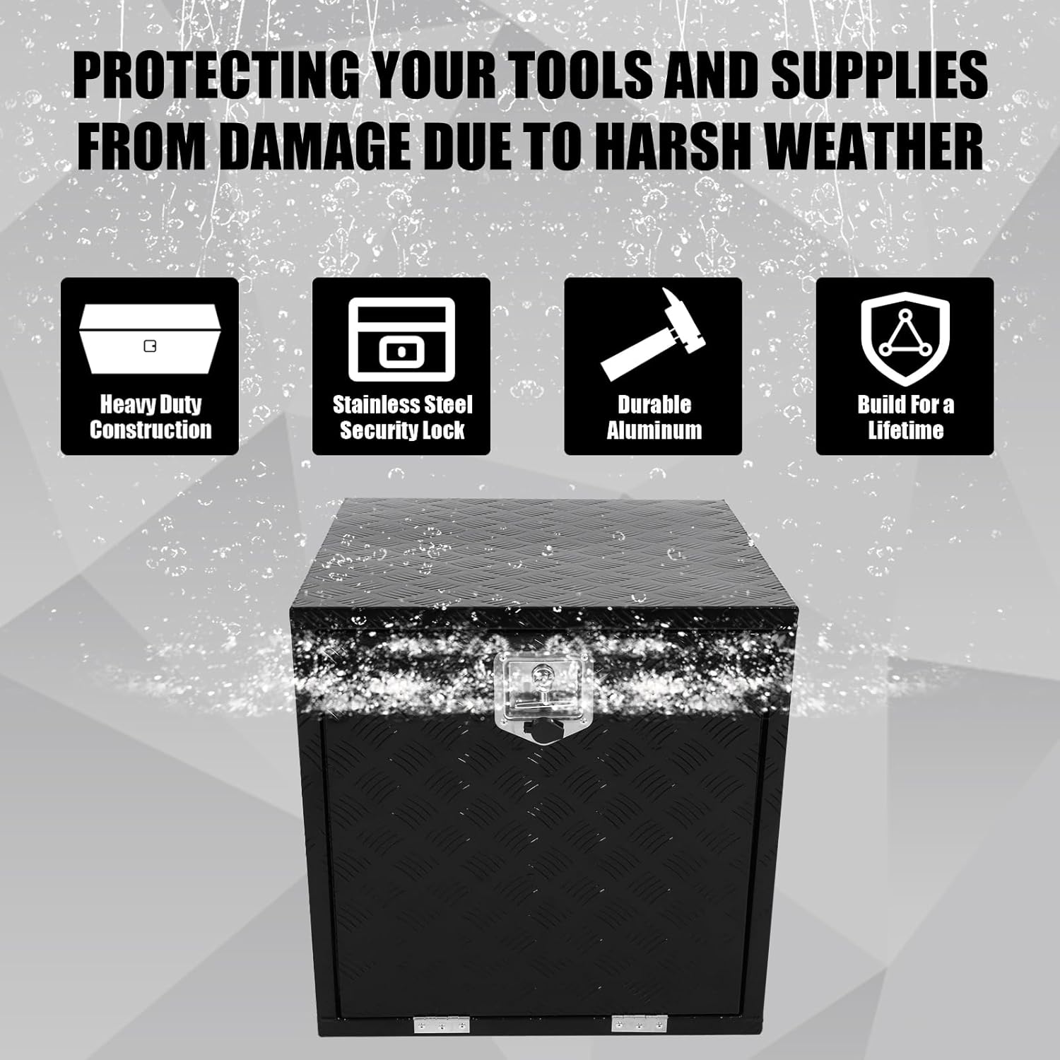 confote 24"x 24"x 24" Heavy Duty Aluminum Stripes Plated Tool Box Underbody Truck Box Pick Up Truck Bed RV Trailer Toolbox Waterproof Square Storage Organizer with Lock and Keys-Black