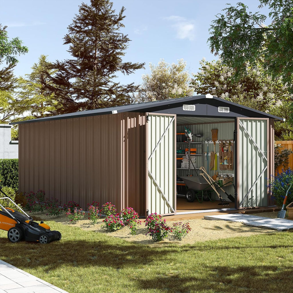 Aoxun 10 x 12FT Outdoor Storage Shed with Double Hinged Large Door Utility Garden Shed with Lockable Door & Sloped Roof Metal Sheds Outdoor Storage for Garden  Backyard  Patio and Backyard  Brown