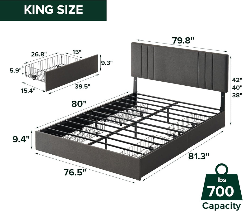 Zinus Billie Platform Bed Frame, Four Underbed Storage Drawers, Height Adjustable Headboard, Upholstered Style, King