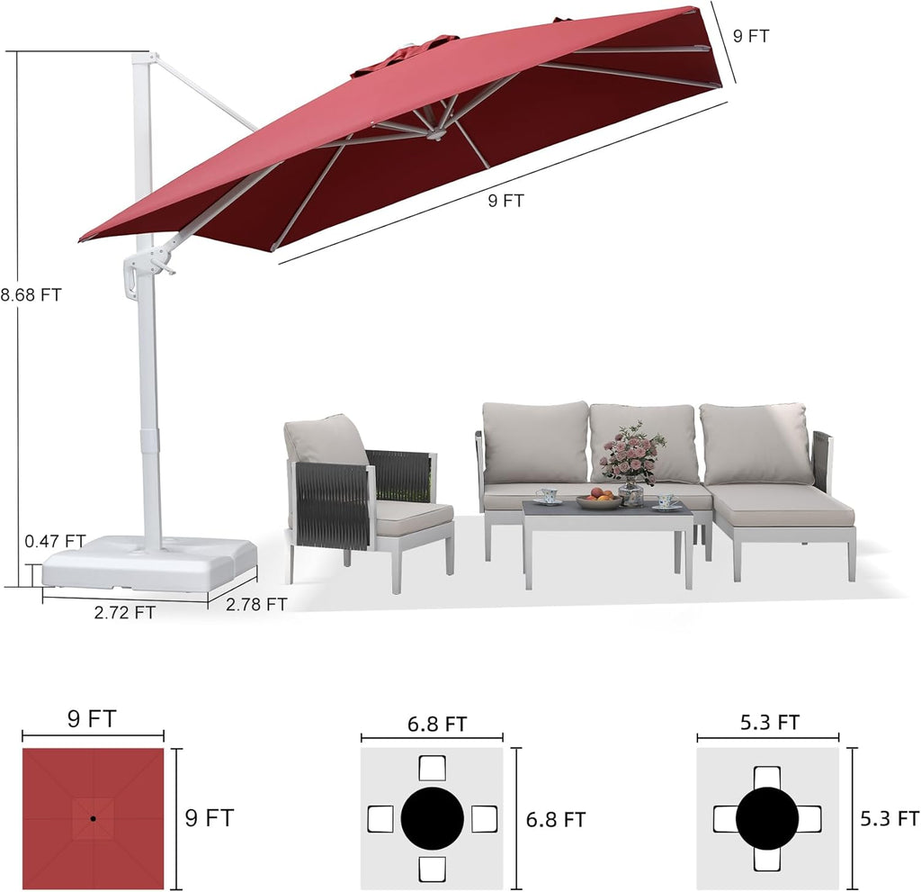 PURPLE LEAF 9 FT Patio Umbrella With Base White Cantilever Umbrella Square Outdoor Offset Umbrella Windproof with 360° Rotation for Garden Deck Pool, Ruby Red