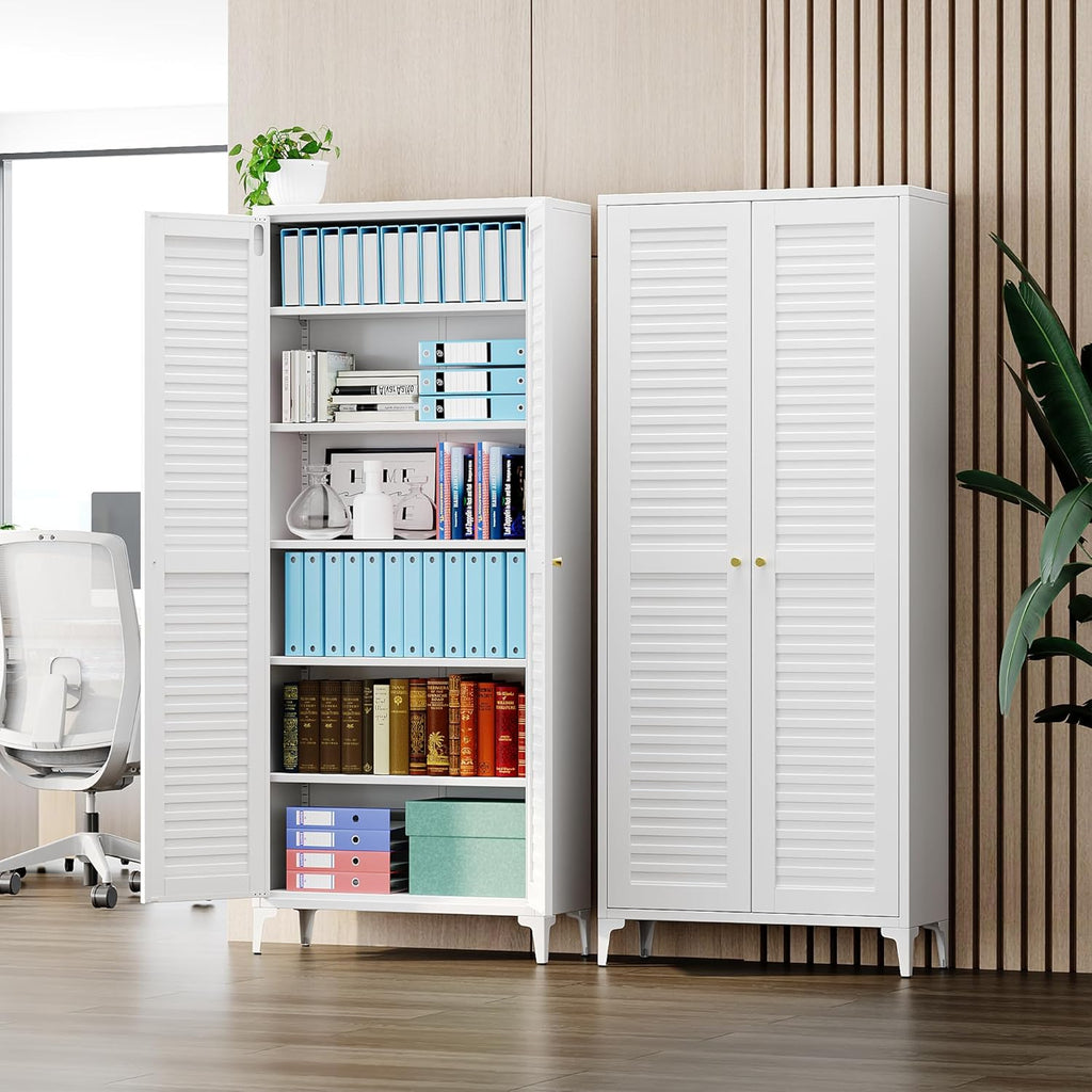 Metal Kitchen Pantry Cabinet with 2 Doors,Metal Pantry Cabinet with 5 Adjustable Shelves for Kitchen,Home,74.2" H × 31.5" W × 15.75" D,Required Assembly, White