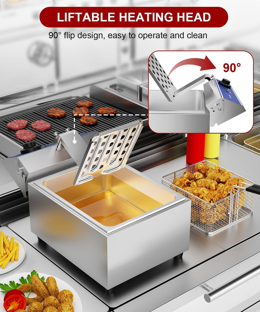 DULONG Commercial Electric Deep Fryer,10.57/10L Countertop Stainless Steel Deep Fryer with Basket,1500W Temperature Control Single Large Tank Fryer for Restaurant Home Kitchen