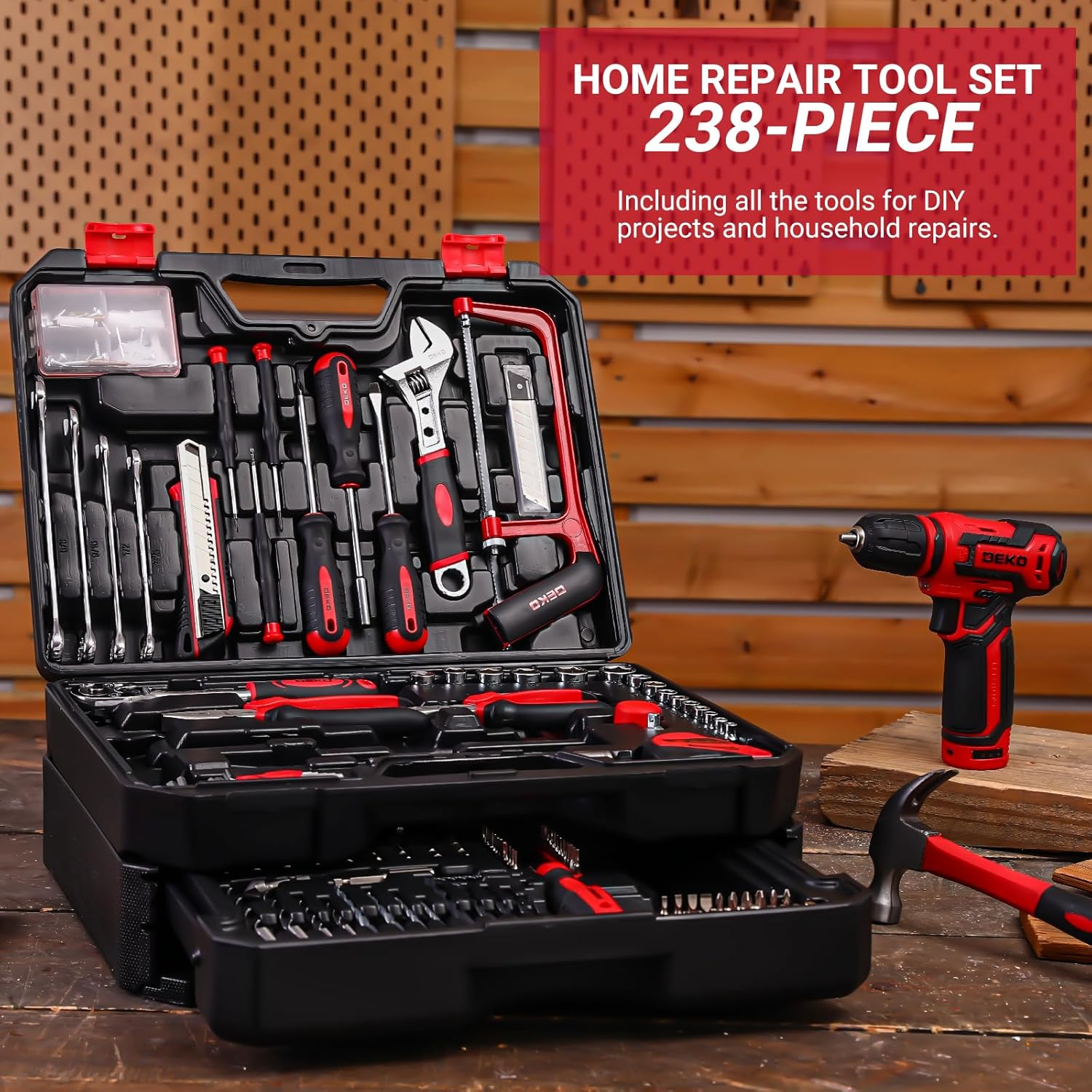 Drill Tool Set：Tool Kit with 12V Power Cordless Drill Hand Repair Tools Box with Drill, Home Tool Kits for Men & Women, Hand Drill Set Perfect for Homeowner, Diyer, Handyman - Red