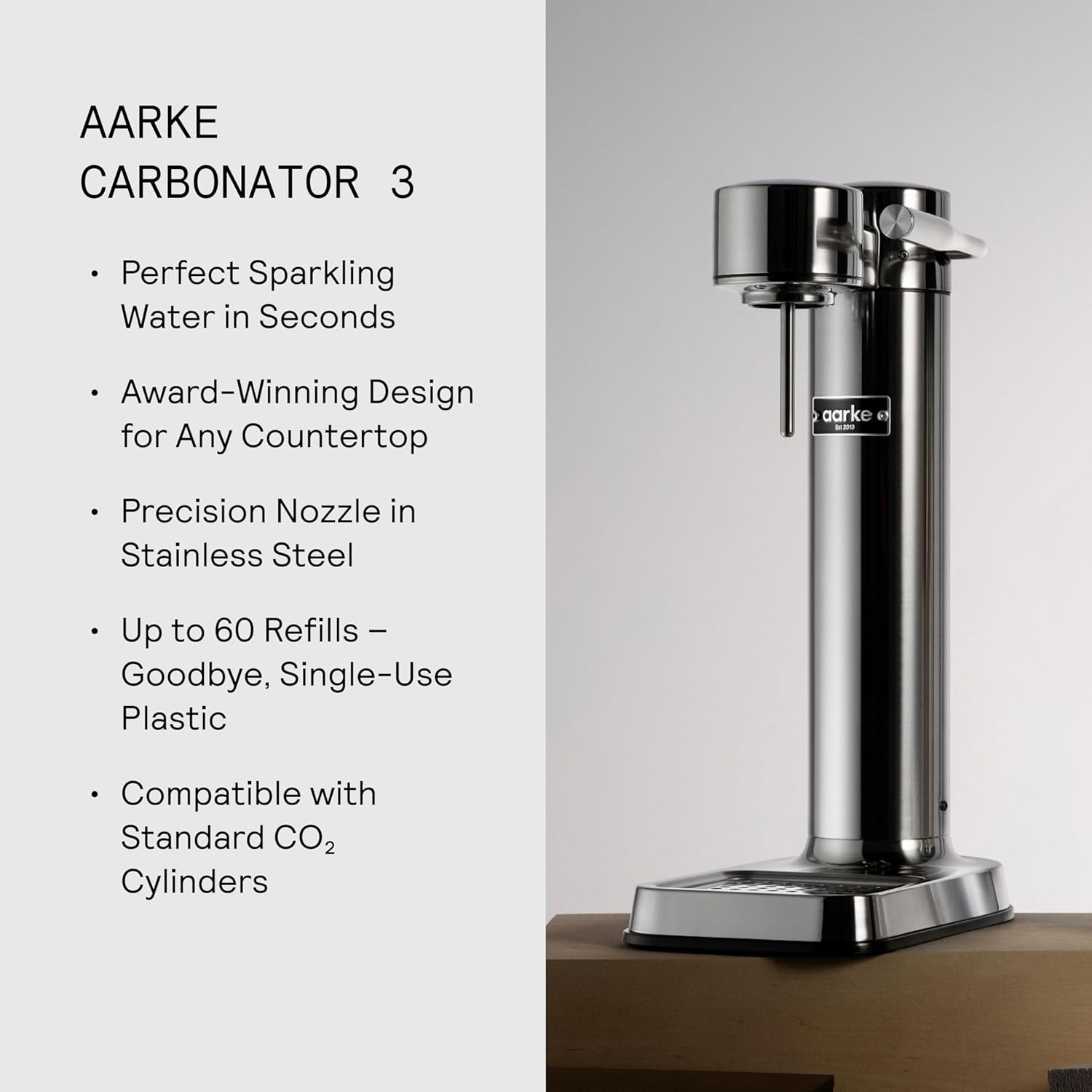 Aarke Carbonator lll with CO2 Cylinder, Sparkling & Carbonation Water Machine, Stainless Steel with PET BPA-Free Reusable Bottle Volume 1L/34 fl oz (Stainless Steel)