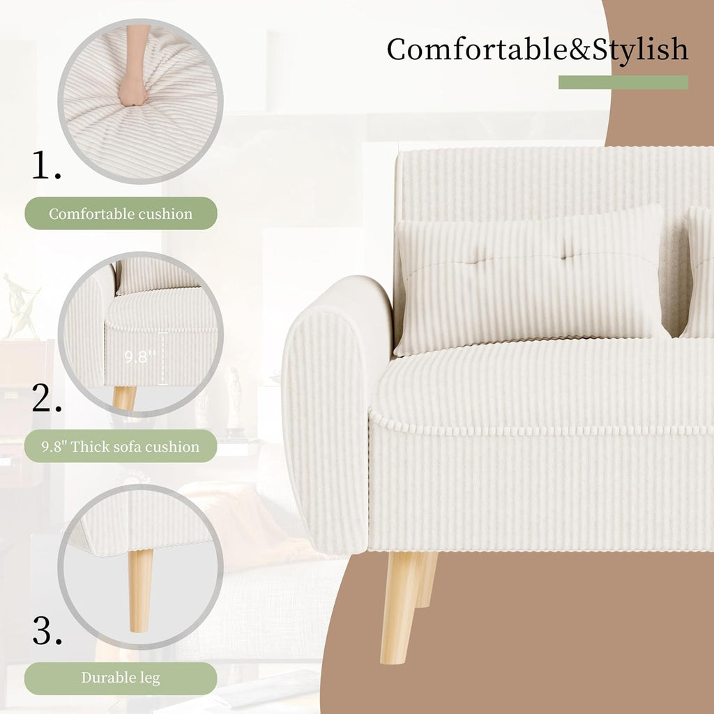 Vongrasig 48" Small Modern Loveseat Sofa, Mid Century Soft Corduroy Fabric 3-Seat Sofa Couch Tufted with Back Cushions and Tapered Legs for Living Room, Bedroom and Small Space, White