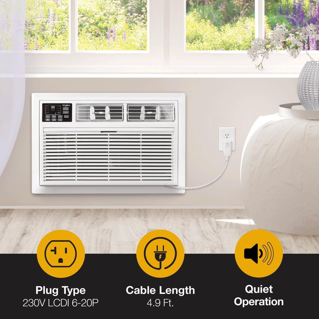 Whirlpool 10,000 BTU 230V Through-the-Wall Air Conditioner with Supplemental Heat, Dehumidifier and Remote, Wall AC Unit for Apartment, Living Room and Medium Rooms up to 450 Square Feet in White