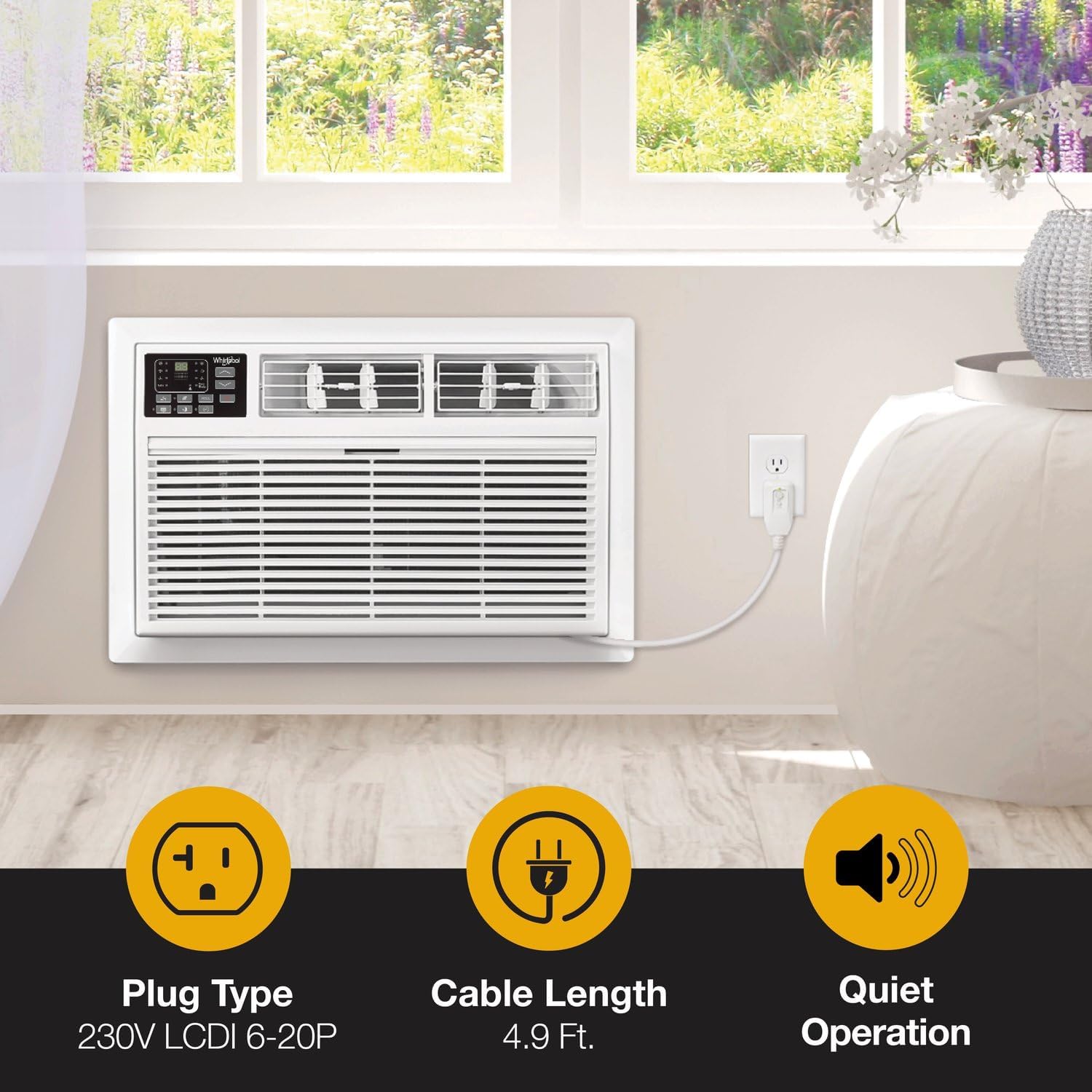 Whirlpool 10,000 BTU 230V Through-the-Wall Air Conditioner with Supplemental Heat, Dehumidifier and Remote, Wall AC Unit for Apartment, Living Room and Medium Rooms up to 450 Square Feet in White