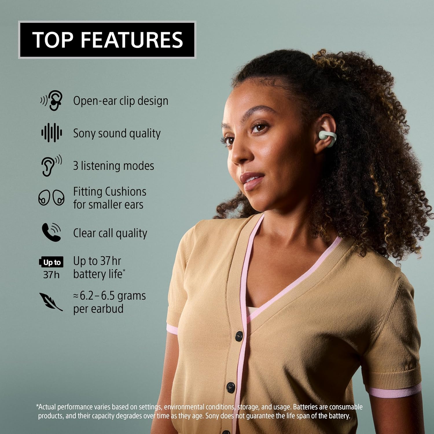 Sony LinkBuds Clip Open-Ear Truly Wireless Earbuds  Comfortable & Secure Fit  Lightweight Clip-On Design  Touch Controls  Ambient Sound Awareness  Water Resistant  Up to 37 Hrs of Playback  Black