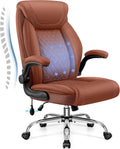 Office Chair, Big and Tall Ergonomic Desk Chair, Executive Leather Computer Chair with Adjustable Lumbar Support, Comfy Gaming Chair with Flip Up Arms, Swivel PC Chair with Rocking Function, Brown