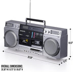 aiwa Retro Boombox CD Player with Cassette Recording  Bluetooth 5.0  FM/AM Radio  USB/SD/AUX Inputs  VU Meters  LCD Display  Dual 40W Speakers - Silver