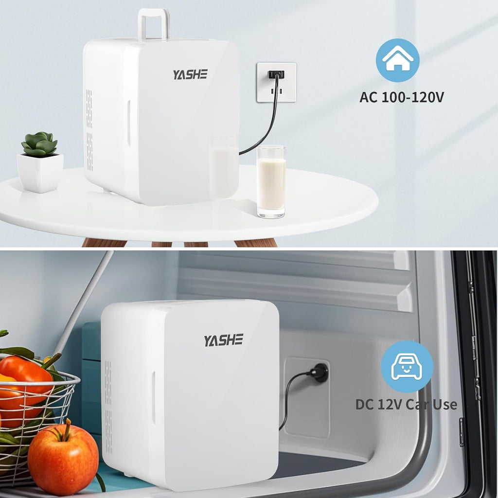 YASHE 10L Mini Fridge, 10 Liter/15 Cans Mini Fridge for Bedroom, 110V AC/ 12V DC Thermoelectric Cooler and Warmer, Portable Mini Fridge for Skincare, Makeup, Drink, Car, Office, Bedroom, Dorm, White
