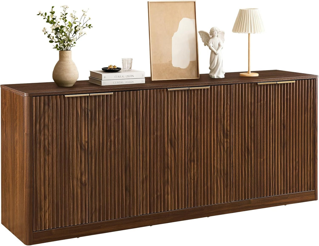 67" Fluted Buffet Cabinet Sideboard with Storage, Large Credenza with 6 Doors Accent Storage Cabinets Mid Century Modern Sideboard for Living Room Kitchen (Walnut)