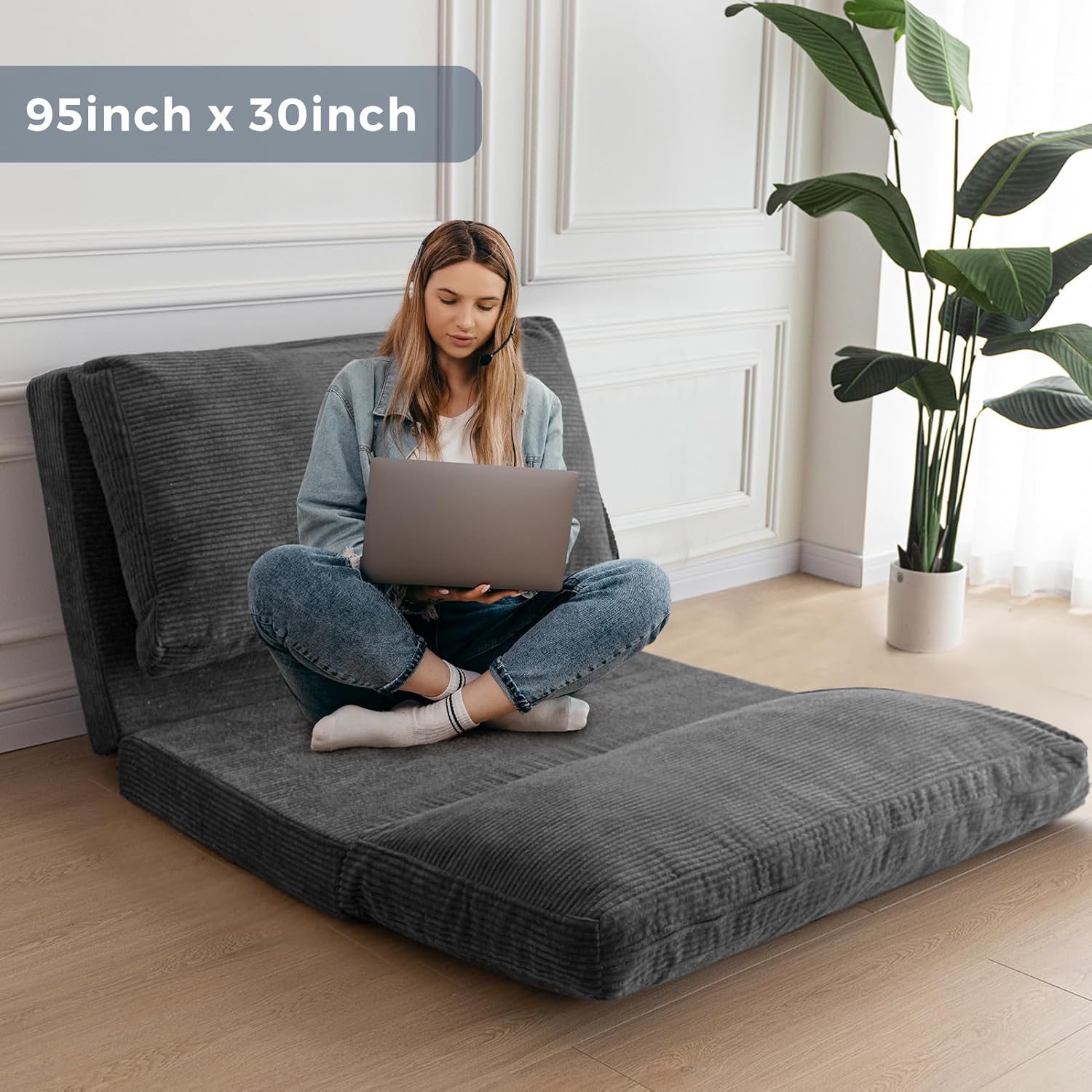 MAXYOYO Folding Sofa Bed, Extra Thick and Long Floor Sofa Convertible Sleeper Chair with Washable Cover, Floor Couch Lounge Bean Bag Bed for Living Room, Dark Grey, 30x95 Inch