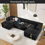 131" Oversized U Shaped Cloud Sectional Couches for Living Room, Comfy Fluffy Corduroy Black Boneless Sectionals Couch, Plush Memory Foam Modular Sectional Sofa with Double Chaise- 20" High Seat