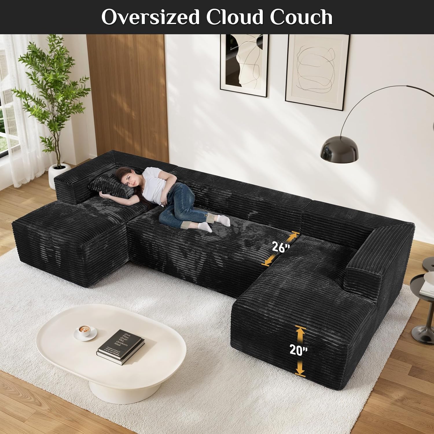 131" Oversized U Shaped Cloud Sectional Couches for Living Room, Comfy Fluffy Corduroy Black Boneless Sectionals Couch, Plush Memory Foam Modular Sectional Sofa with Double Chaise- 20" High Seat