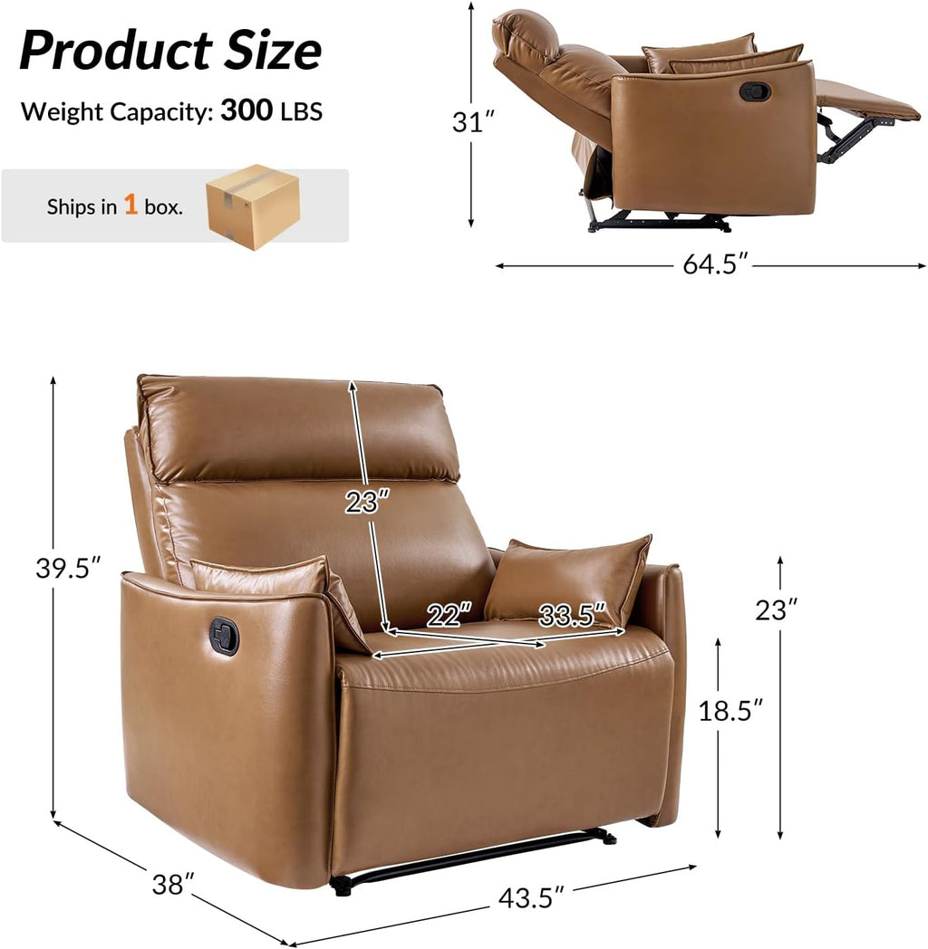 HULALA HOME Faux Leather Oversized Recliner Chair, Manual Pushback Recliner with Extra Wide Seat and Thick Padded Backrest for Living Room, Camel