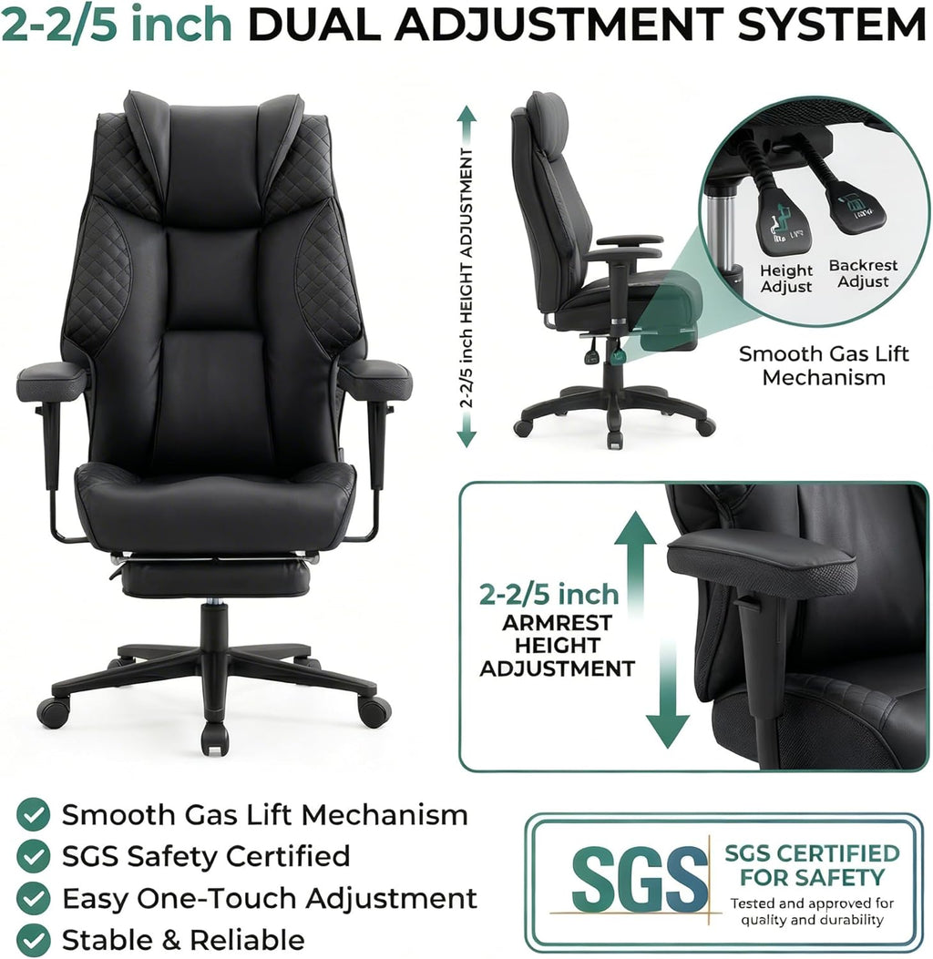 Big and Tall Office Chair 500lbs - 23.6" Extra Wide Seat Ergonomic Executive Chair, Heavy Duty Metal Base High Back Leather Office Chair with Footrest, Lumbar Support & Adjustable Arm, Black