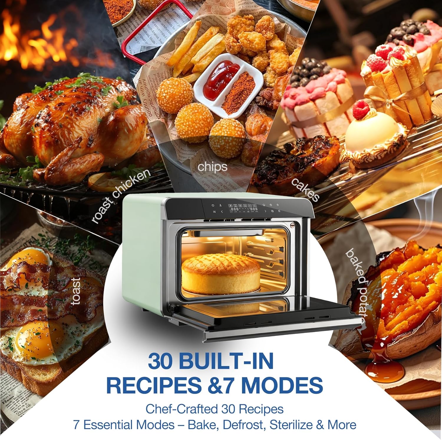 ROBAM Toaster Air Fryer Combi Oven, Countertop Steam Oven 20-in-1 with Convection Steam Roast & Bake, Multi-Stage Cooking, Self-Clean, 7 Modes, 30 Built-In Recipes, for Kitchen Pizza Baking (Green)