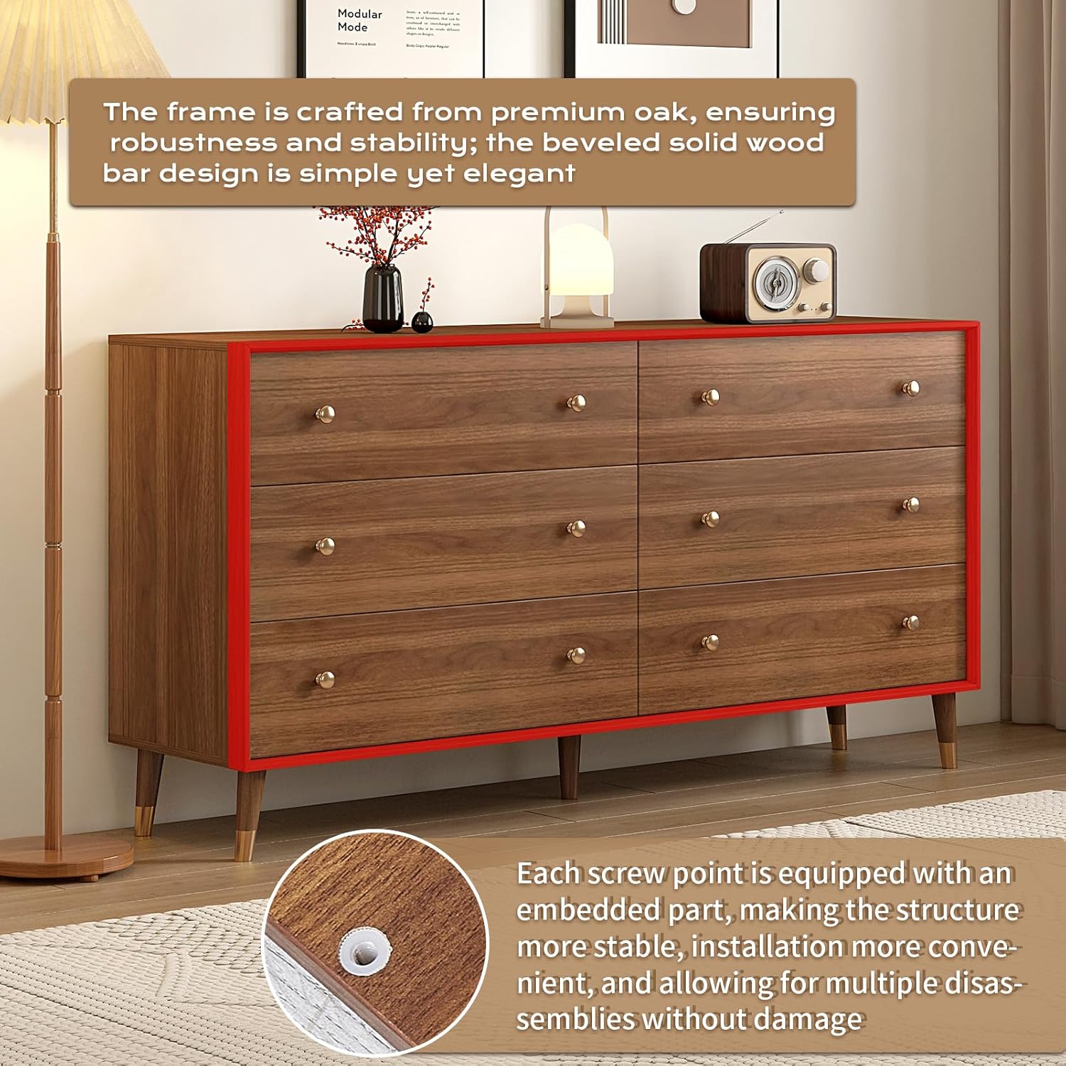 6 Drawer Dresser for Bedroom, 55 Inch Walnut Dresser for Closet, Mid Century Wood Chest of Drawers with Natural Texture & Pre-Embedded Slots for TV Stand, Living Room, Hallway, Office