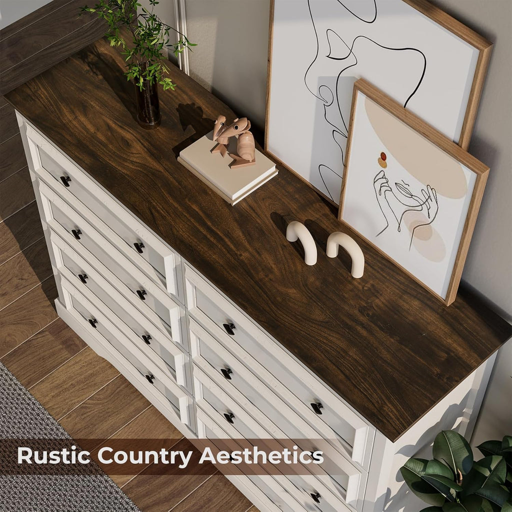 Farmhouse 8 Drawer Dresser for Bedroom, 54" Wide Wood Dresser with Natural Texture, Vintage Metal Double Hand Knobs, Rustic Chest of Drawers for Bedroom, Living Room, Hallway, Antique White