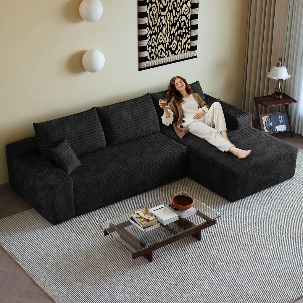 108" Sectional Couches for Living Room Modern Modular Sofa with L-Shape Couchs Upholstered Boneless Couch Deep Seat Sectional Couch with Chaise (Black, Right Facing Chaise+2Seaters)