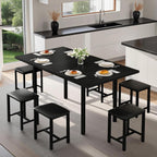 VECELO 7-Piece Dining Table Set with 6 Square Stools, 63" Expandable Kitchen Table with USB Charging & Metal Frame for 2/4/6, Wood Dinette Perfect for Small Spaces, Easy Assembly, Black