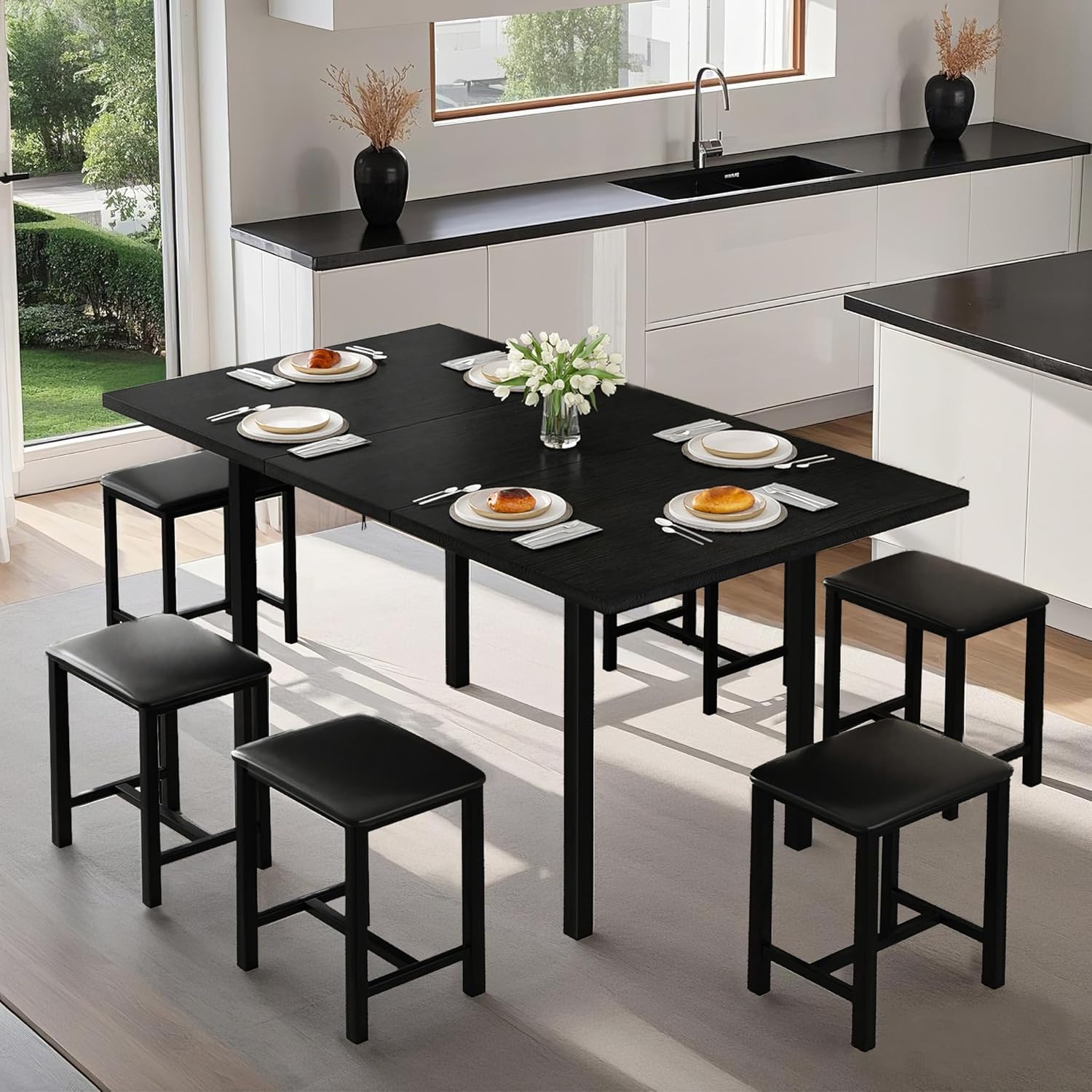 VECELO 7-Piece Dining Table Set with 6 Square Stools, 63" Expandable Kitchen Table with USB Charging & Metal Frame for 2/4/6, Wood Dinette Perfect for Small Spaces, Easy Assembly, Black