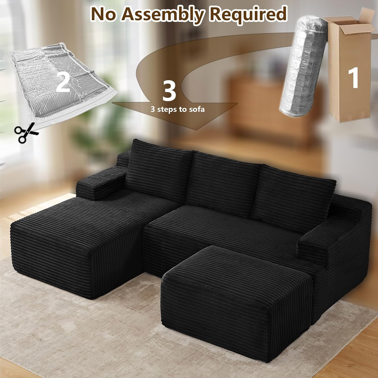 96" U-Shape Cloud Couch, Modern Modular Sectional L-Shape Sofa with Ottoman, Corduroy Upholstered Couches Deep Seat Sleeper Chaise Longue for Living Room, No Assembly Required(Black, Left Facing)