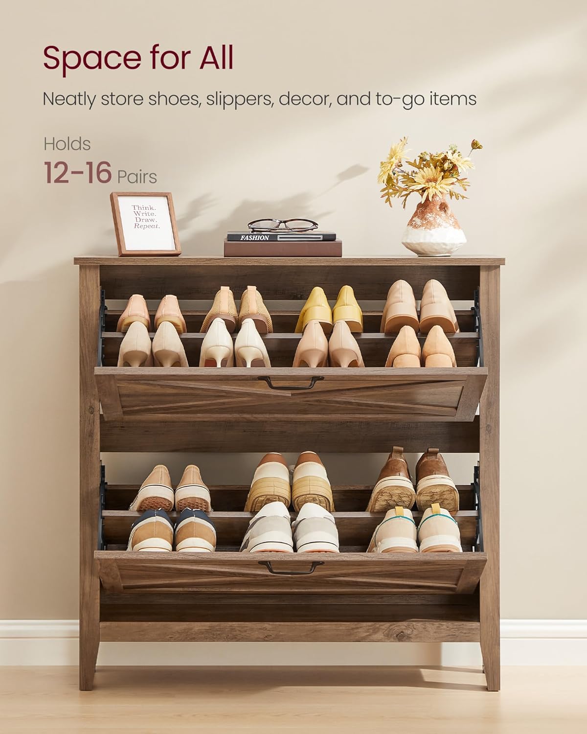 VASAGLE LIRY Collection - Shoe Storage Cabinet Organizer with 2 Flip Drawers, Freestanding Narrow Shoe Rack Cabinet for Entryway, Farmhouse Style, Fits 12 to 16 Pairs, Honey Brown UHSC201K01