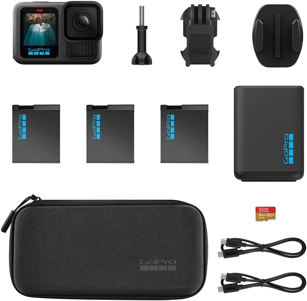 GoPro HERO13 Black Action Camera Bundle with 3 Enduro Batteries  Dual Charger  64GB microSD  Accessory Kit – 5.3K Ultra HD Video  HyperSmooth 6.0  Waterproof Adventure Camera