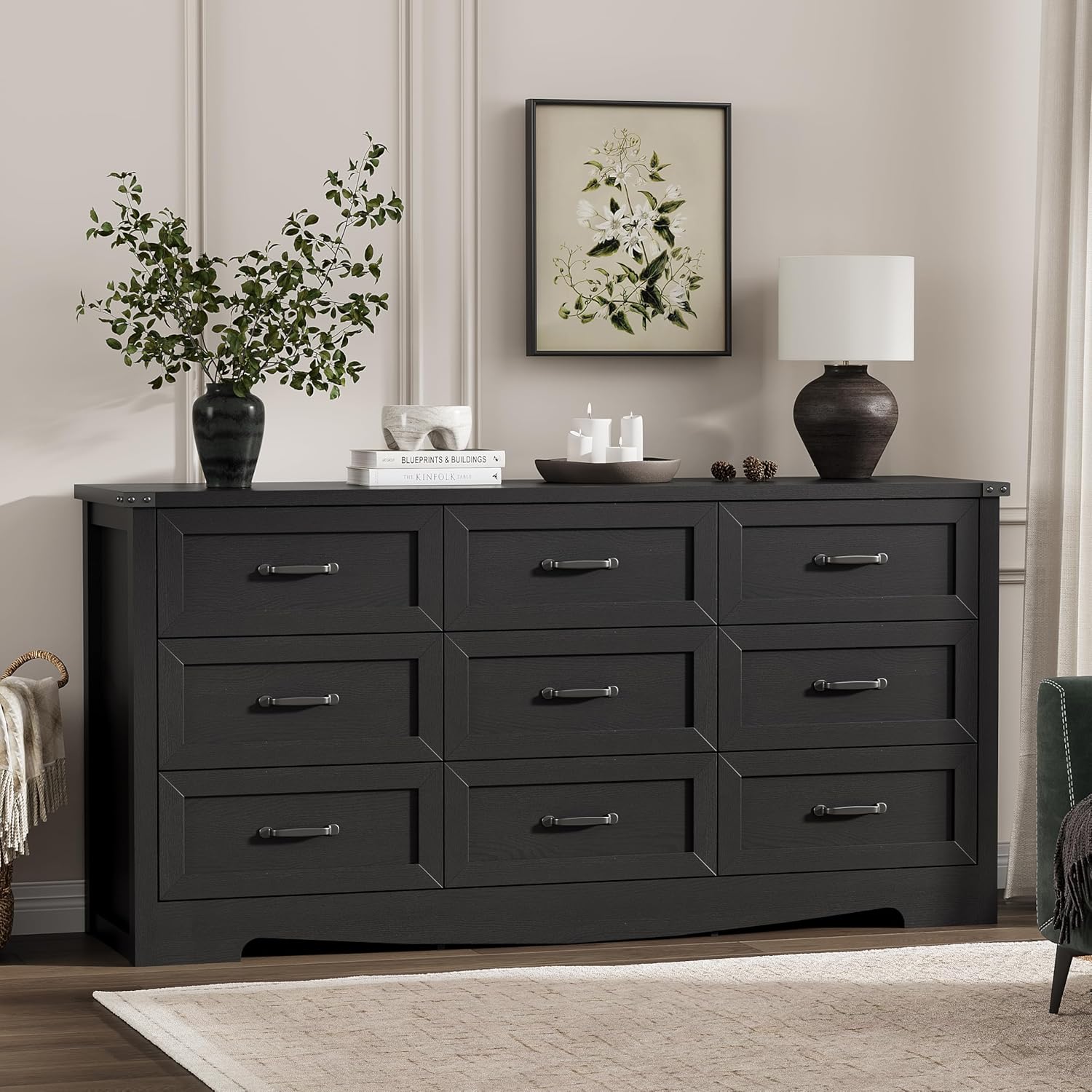 Dresser for Bedroom with 9 Drawers, 59" Wide Modern Chest of Drawers with Deep Drawers & Mental Handle, Wood Dresser TV Stand, Wooden Closet Storage Organizer for Living Room, Hallway, Entryway, Black