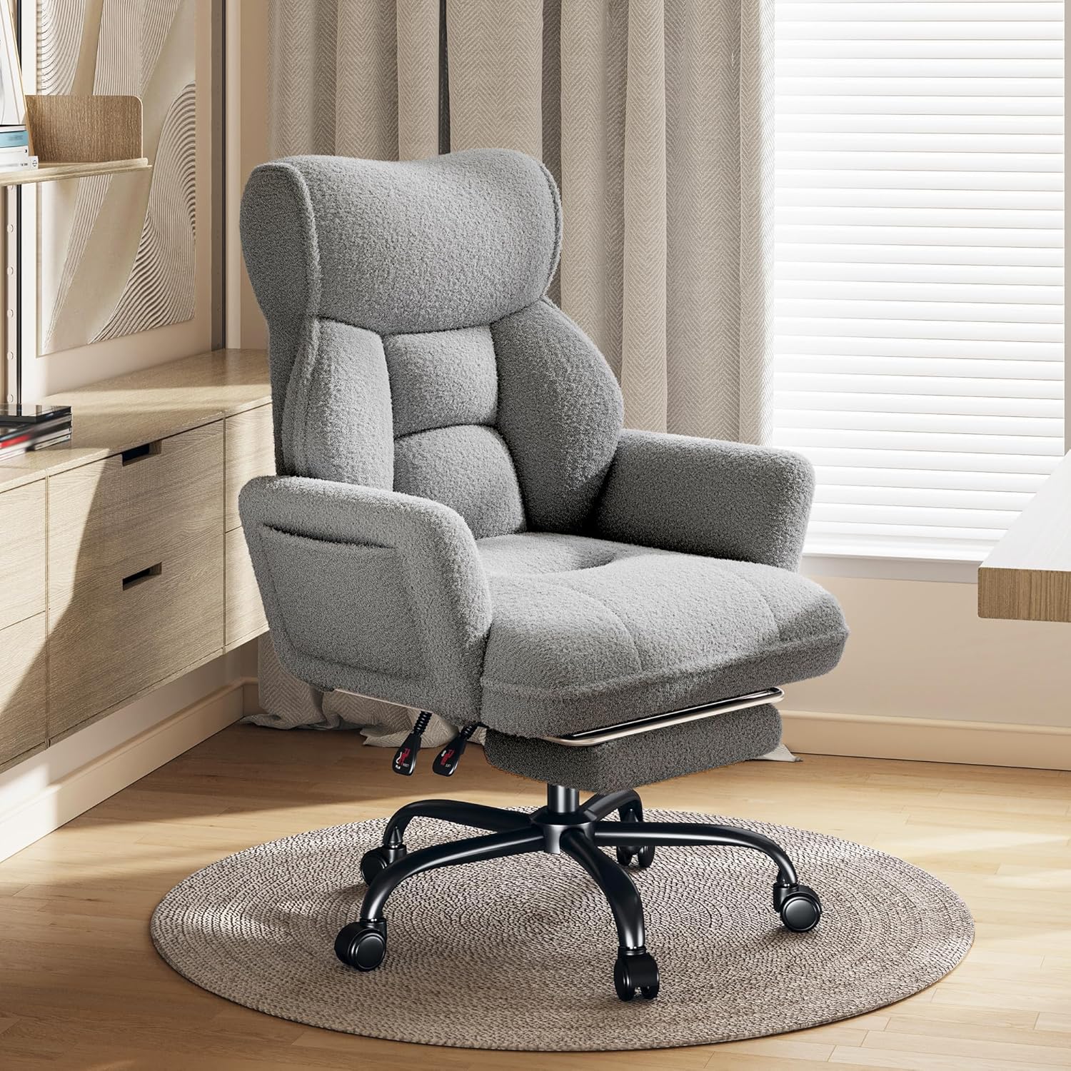 Big and Tall Office Chair with Adjustable Arms and Back, Ergonomic Office Chair with Footrest and Comfortable Fabric for Home Office, Bedroom,Grey